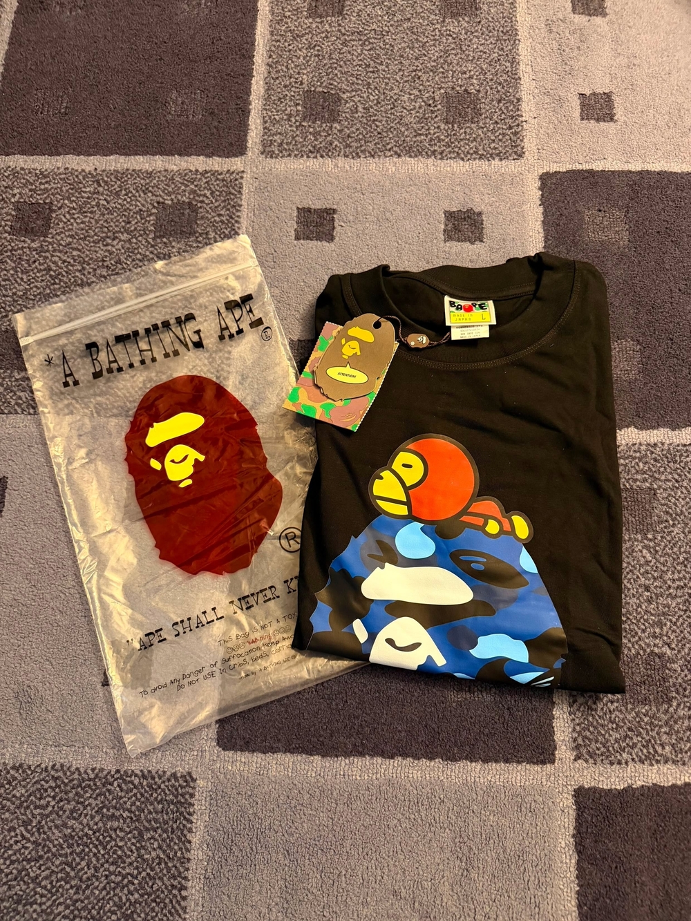 A Bathing Ape Black Graphic Tee with Blue Camo Ape Head